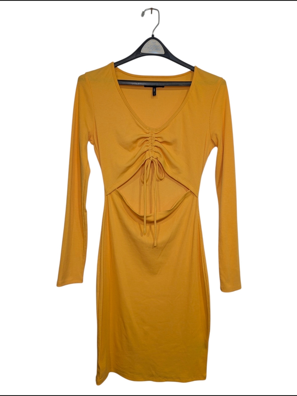 BCBG Paris Women's Small Dress Yellow Long Sleeve Ribbed Cutout Front Midi